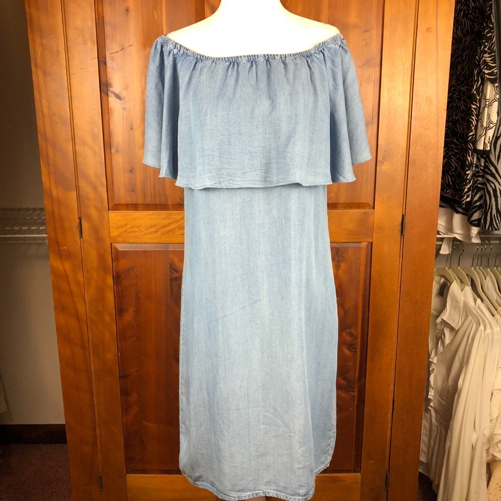 Spense Coastal Beachy Chambray Off the Shoulder Ruffle Dress Vacation Island